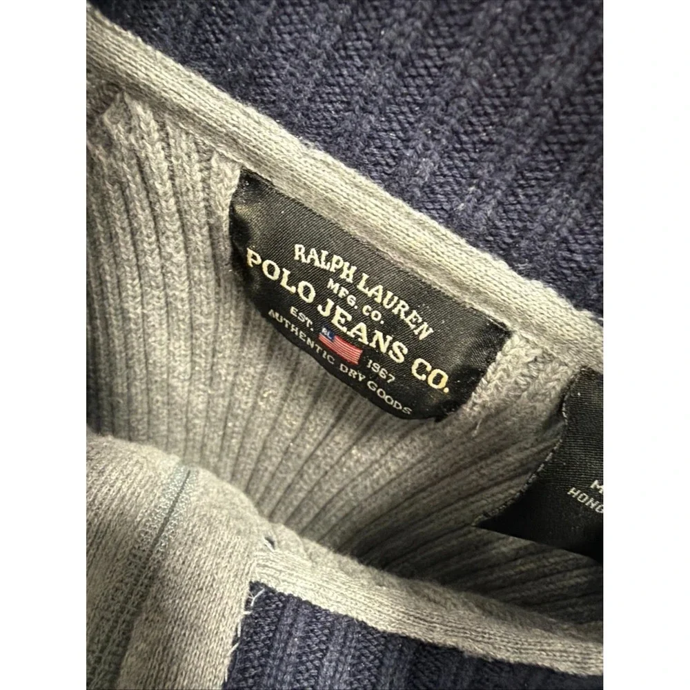 Polo Ralph Lauren Sweater Men's Large Navy Grey Quarter Zip Long Sleeve Vintage